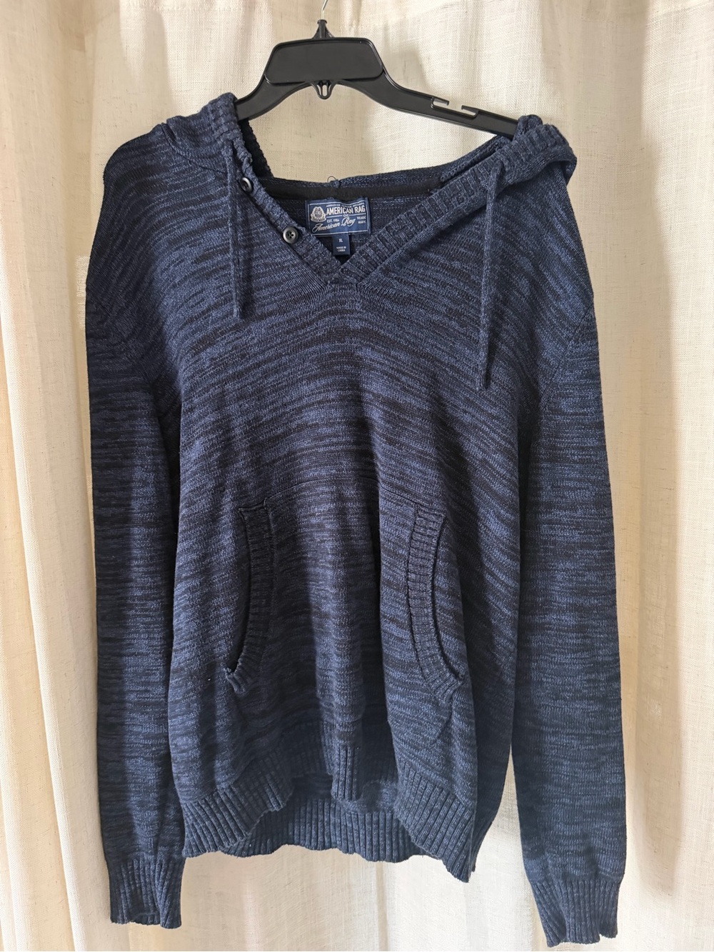 American Rag Marled Navy V-Neck Hooded Sweater - Men's